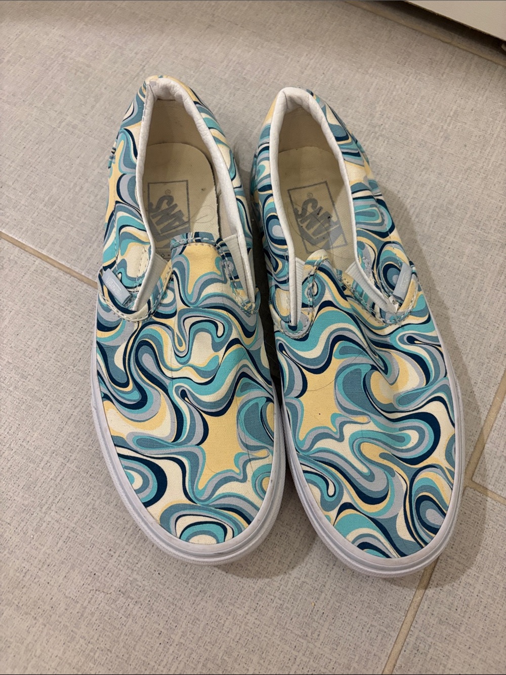Vans Slip-On Sneakers with Swirl Pattern — Teal, Navy & Cream